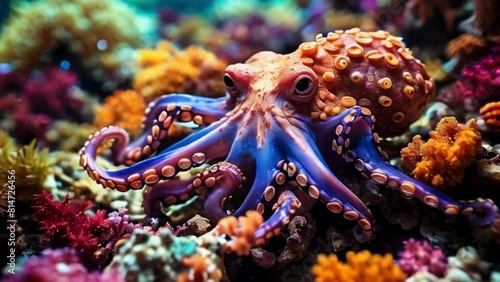  Octopus and Curled Tentacles in Coral Reef photo