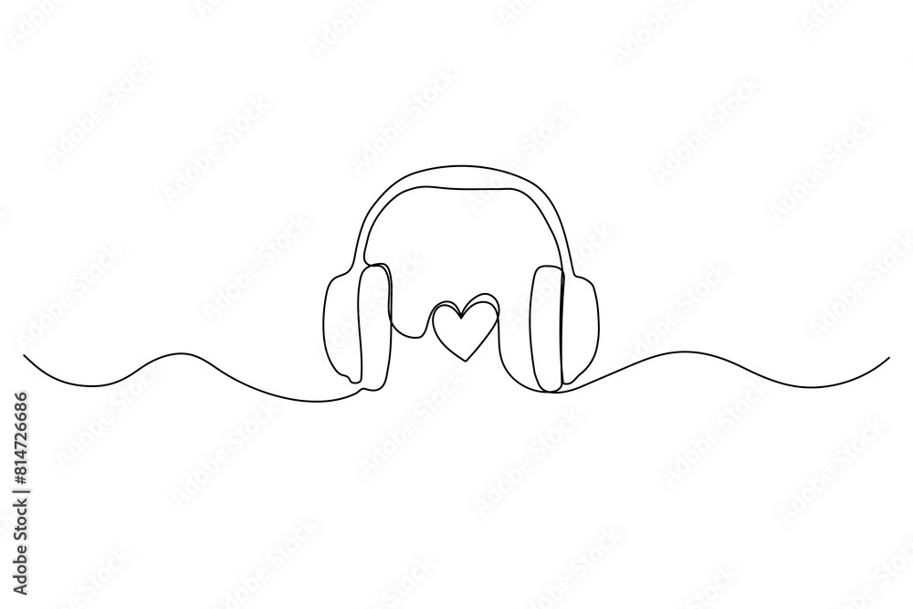 One line headphones with heart. Continuous drawing of music gadget. Continuous linear sketch. Doodle vector illustration One line headphones with heart. Continuous drawing of music gadget. Continuous linear sketch. Doodle vector illustration