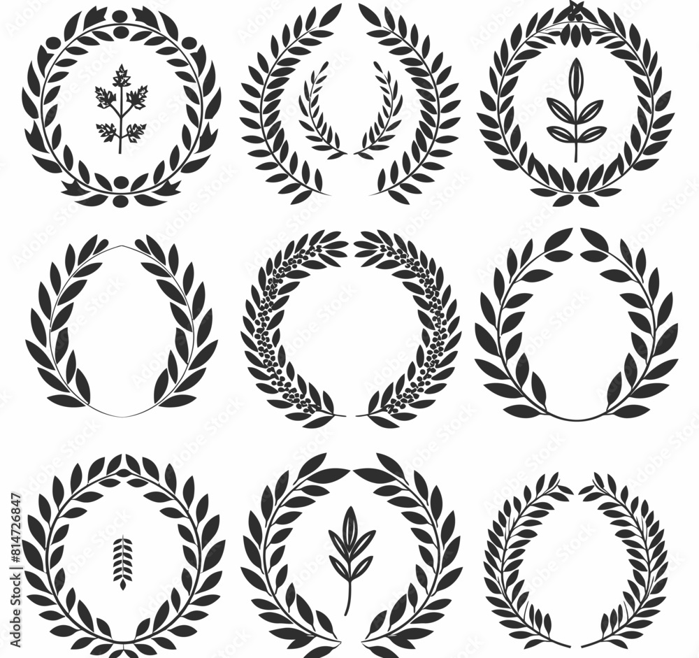 a set of black and white laurel wreaths