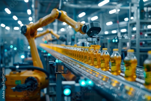 Automated Robot Arm in Modern Bottle Packaging Assembly Line