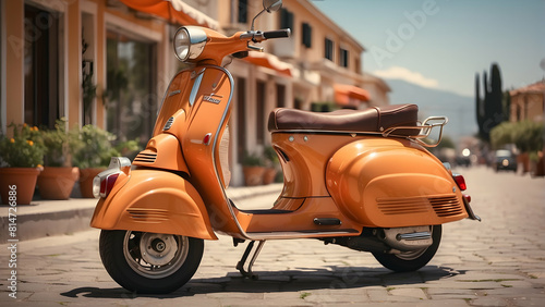 Classic orange scooter on cobblestone street