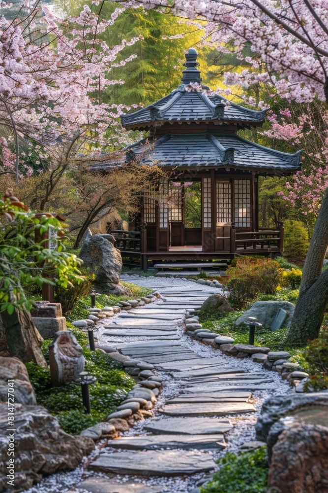 Serene Japanese Garden Pathway with Cherry Blossoms and Pagoda Serene Japanese Garden Pathway with Cherry Blossoms and Pagoda
