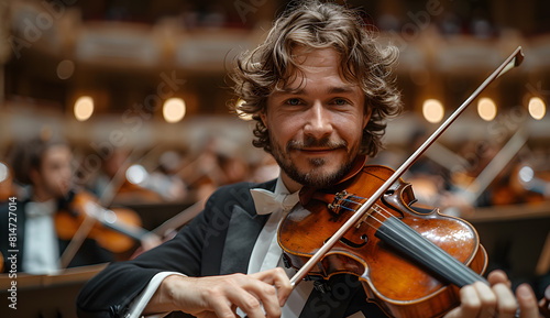 A professional musical ensemble playing in an old concert hall. A man with curly hair and beard plays the violin at the front of the stage, a symphonic orchestra is behind him.