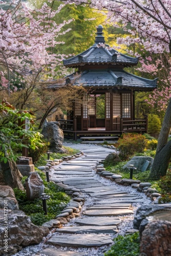 Serene Japanese Garden Pathway with Cherry Blossoms and Pagoda