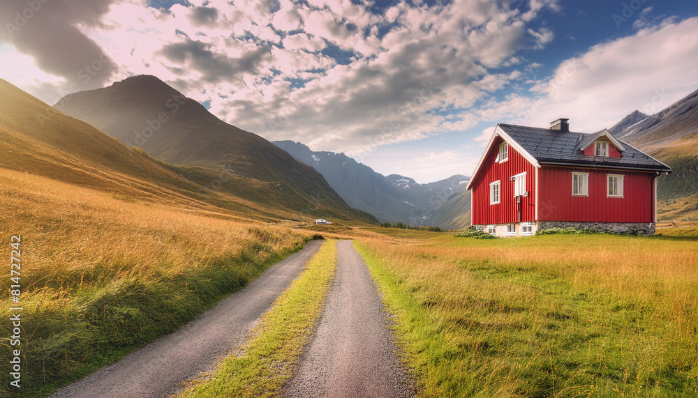 A red-painted house in a mountainous, short-cut meadow, the road leads to the house, wide view, copy space. A red-painted house in a mountainous, short-cut meadow, the road leads to the house, wide view, copy space.