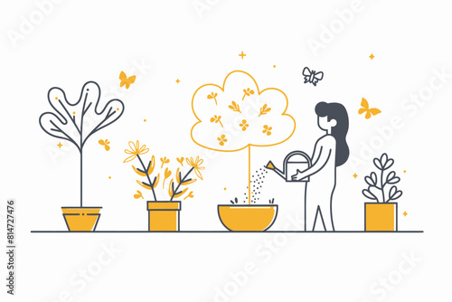 a woman watering plants in a pot