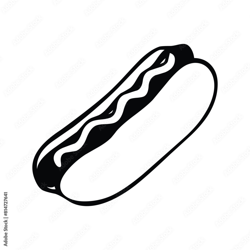 Hot Dog food vector icon. Isolated cooked sausage of a hot dog in a sliced bun and drizzled with yellow mustard sign design. Hot Dog food vector icon. Isolated cooked sausage of a hot dog in a sliced bun and drizzled with yellow mustard sign design.