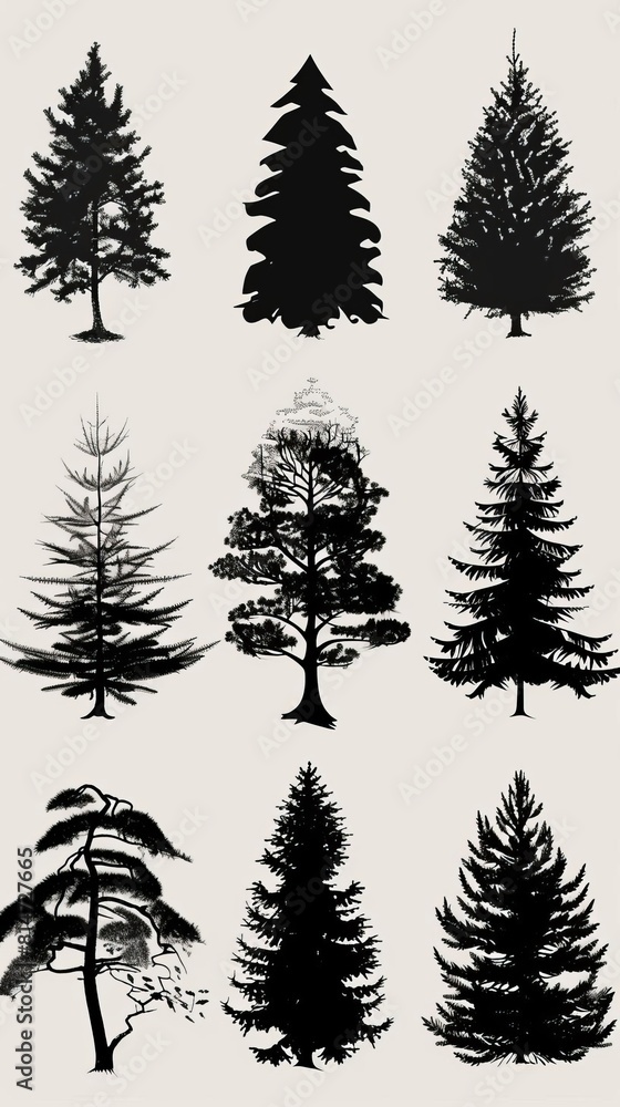 Create a set of 9 unique pine tree silhouettes