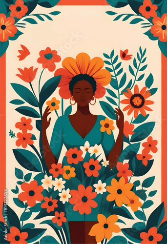 a poster of an african woman wearing headdress in blue dress with flowers blooming arround her