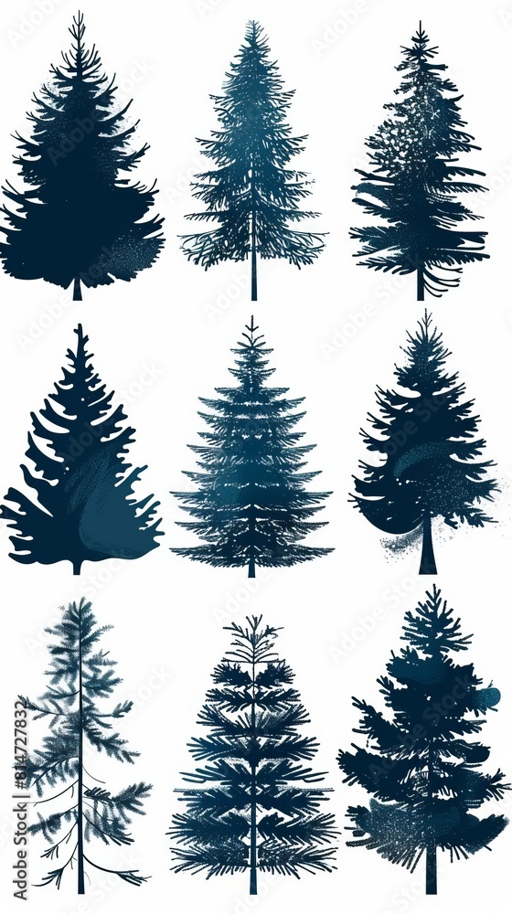 Create a vector illustration of a set of nine different coniferous trees