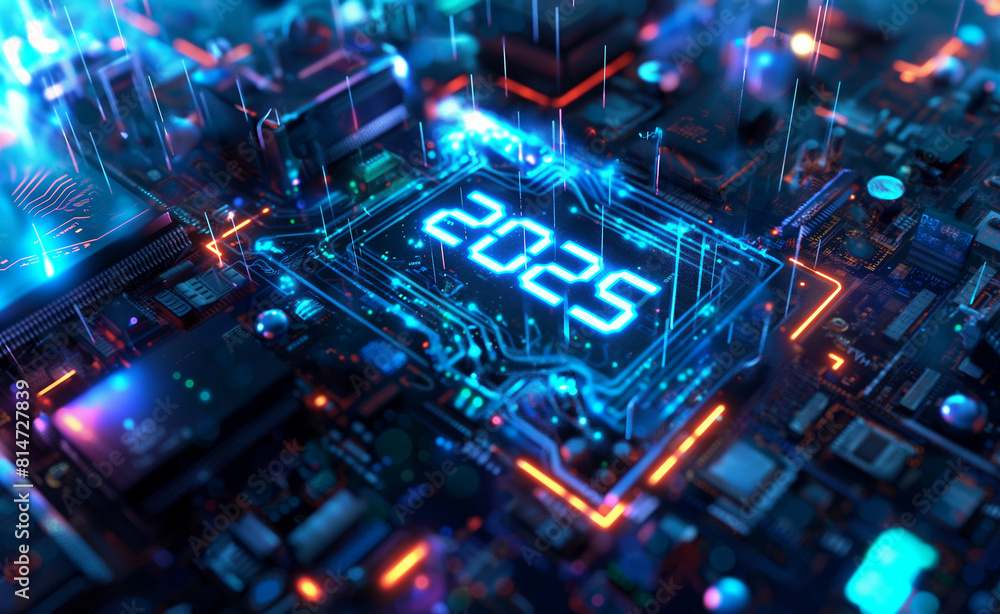 Happy New Year 2025. Circuit Board with Advanced Microchips and CPU. Happy New Year 2025. Circuit Board with Advanced Microchips and CPU.