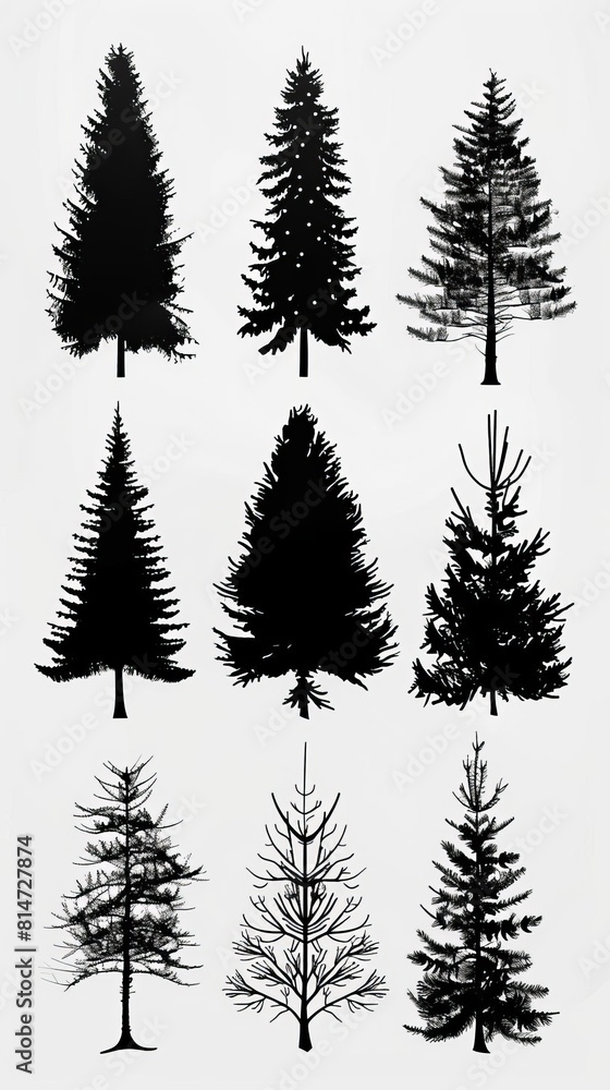 A set of nine hand-drawn pine tree silhouettes. The trees are of varying heights and shapes, and are perfect for use in a variety of design projects. A set of nine hand-drawn pine tree silhouettes. The trees are of varying heights and shapes, and are perfect for use in a variety of design projects.