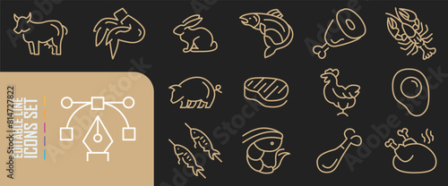 Meat, poultry, fish and eggs - minimal thin line web icon set