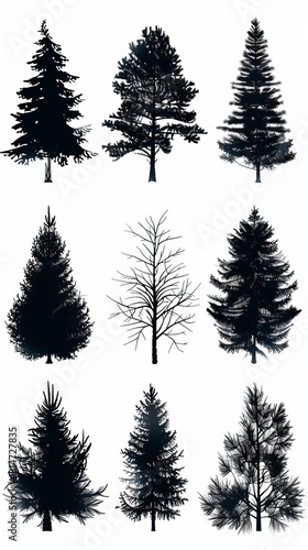 Black and white detailed line drawing of different species of coniferous trees.