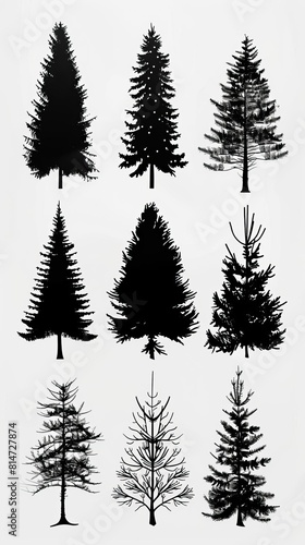 A set of nine hand-drawn pine tree silhouettes. The trees are of varying heights and shapes  and are perfect for use in a variety of design projects.