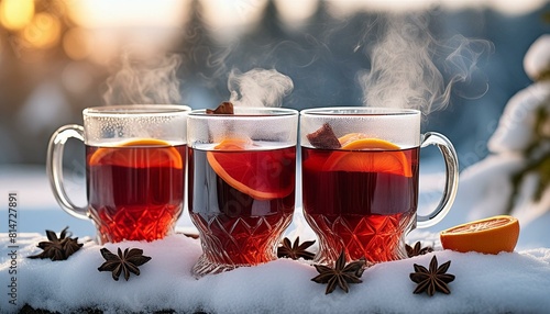 Verres de vin chaud fumant dans la neige photo