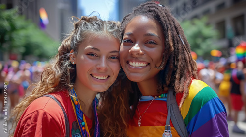 Young couple of women, one with braided hair and the other with curly hair, smiling brightly at a Pride parade, wearing colorful outfits that symbolize unity and diversity.