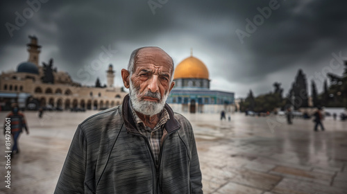 A man stands sadly in front of the Dome of the Rock Mosque in Jerusalem