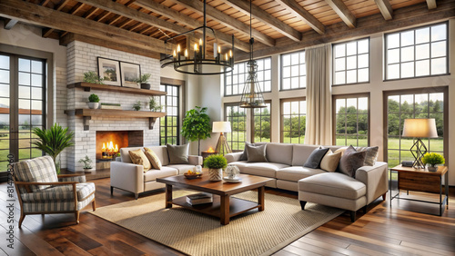 Farmhouse interior design style living room with exposed wooden beams and fireplace © vectorize