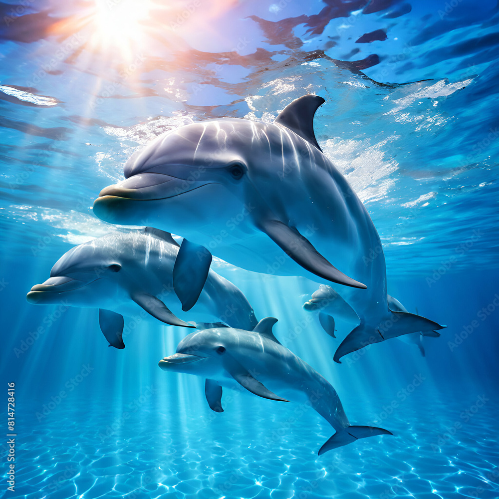 Naklejka premium dolphins swimming in the clear blue water of the pool closeup,Close-up of dolphins in their natural habitat, clear blue waters reflecting sunlight.generate ai 