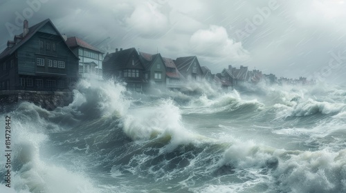A graphic depiction of a storm surge overwhelming coastal defenses, illustrating the increased frequency and intensity of storm events due to climate change photo