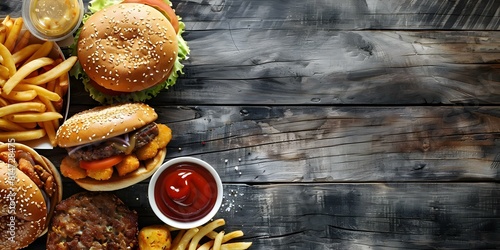 Fast Food Feast: An Aerial View of a Table Laden with Treats. Concept Food Styling, Mouth-Watering Visuals, Indulgent Eating, Culinary Creativity photo