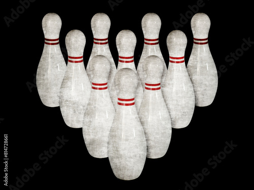 Used ten pin bowling pins isolated on a black background