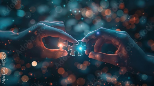 two hands holding brightly shining puzzle pieces on a dark background with glowing blue dots generative AI photo