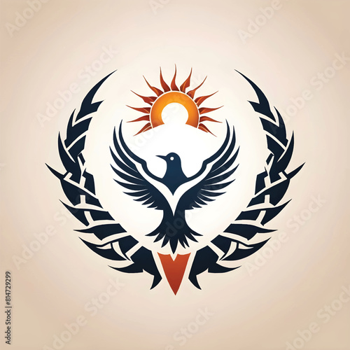 a symbol of a person and a bird with wings, broken chains, and sun on it