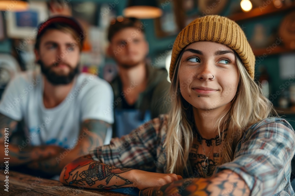 Fototapeta premium An attractive young woman with tattoos and piercings sits at a bar, smiling