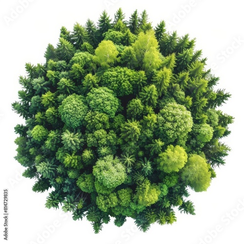 Generate a photo of a lush green forest canopy as seen from a birds eye view. The image should be circular and have a white background.