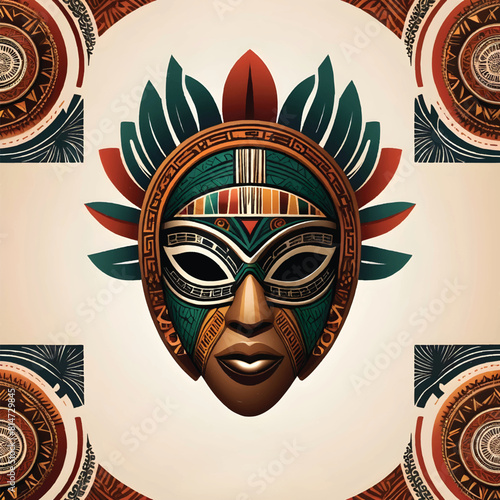 a poster with a mask of african heritage and patterns