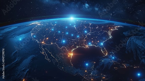 Space-based telecommunications network above North America and the United States  showing American 5G LTE mobile web  global WiFi connections  or blockchain technology.