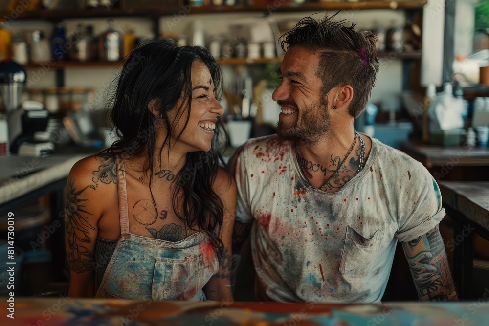 A young couple, covered in paint, share a loving smile. A young couple, covered in paint, share a loving smile.