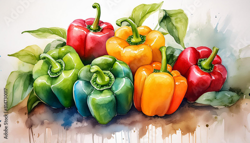 Watercolor illustration of fresh bell peppers. Healthy farm vegetable. Vegan  organic food.