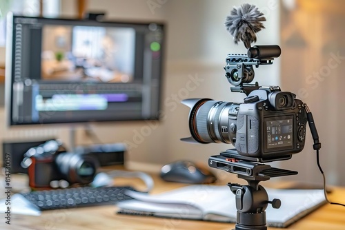 A content creator s workspace with a vlogging camera, editing software on screen, and a stack of script notes photo