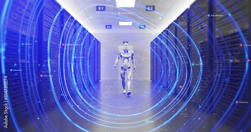 Advanced Humanoid Robot Slowly Walking Modern Server Room. Technology Related 3D Render.