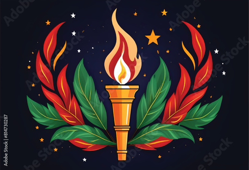 a logo of a torch with fire burning on it surrounded by plants and stars