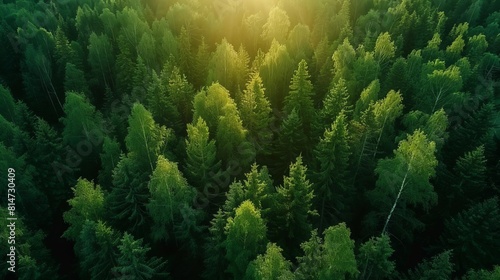 A lush green forest from above with the sun shining through the trees.
