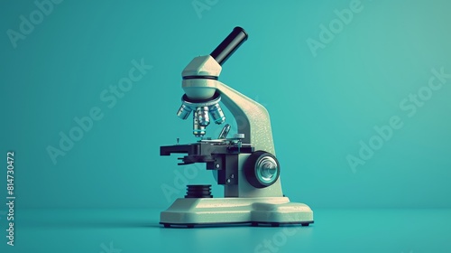 Side view of a vintage microscope illuminated by subtle light on a vibrant turquoise background.