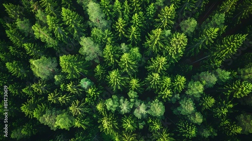 An aerial view of a coniferous forest. The trees are densely packed and the canopy is unbroken. The forest is in the early stages of succession.