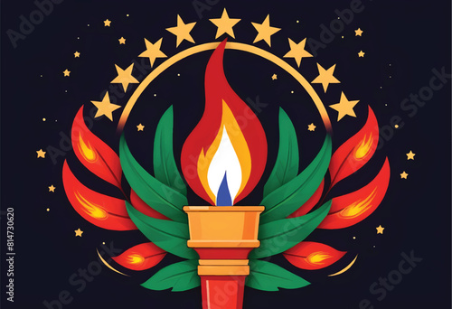 a torch with fire burnings on the container surrounded by leaves and stars