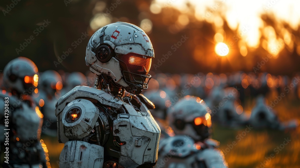 A group of humanoid robots stands in a field with the setting sun casting a warm glow. A group of humanoid robots stands in a field with the setting sun casting a warm glow.