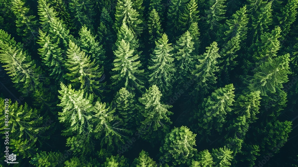 An aerial view of a coniferous forest. The trees are densely packed and the canopy is unbroken. The forest floor is covered in a thick layer of moss.