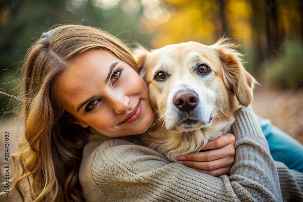 Pets. A young woman hugs a dog. A conscious life with a pet, the concept of friendship and love for animals.
