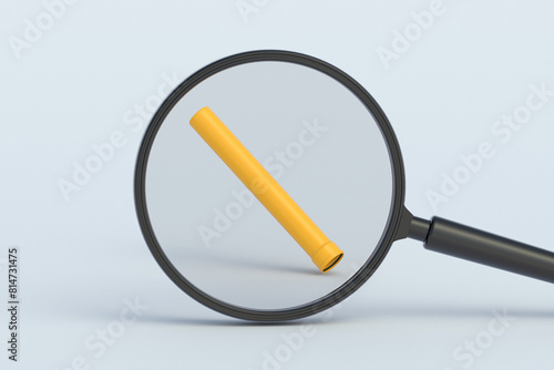Plastic pipe behind magnifying glass. 3d render