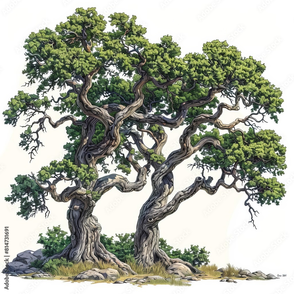 An illustration of two large, old trees with gnarled trunks and branches, and full of green leaves. The trees are set against a white background. An illustration of two large, old trees with gnarled trunks and branches, and full of green leaves. The trees are set against a white background.