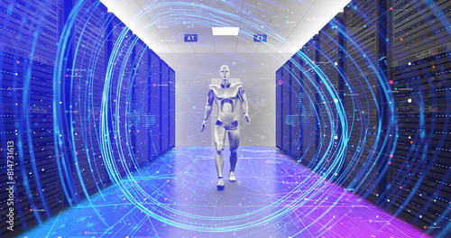 AI Controlled Advanced Futuristic Robot Walking In A Server Room. Technology Related 3D Render.