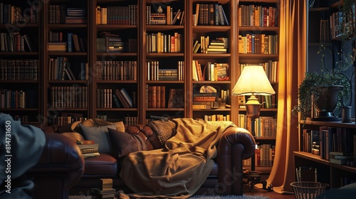 Books are on the Bookshelf. A Big Library. Home.