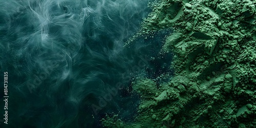 Aerial perspective of green spirulina powder: a natural immunity-boosting supplement. Concept Health Benefits, Superfood, Nutritional Content, Natural Immunity-boosting, Aerial Perspective